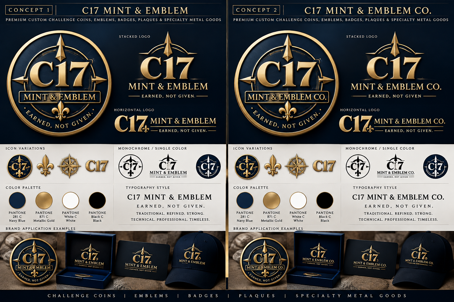 C17 Mint & Emblem Co. gold compass and fleur-de-lis brand concept on navy